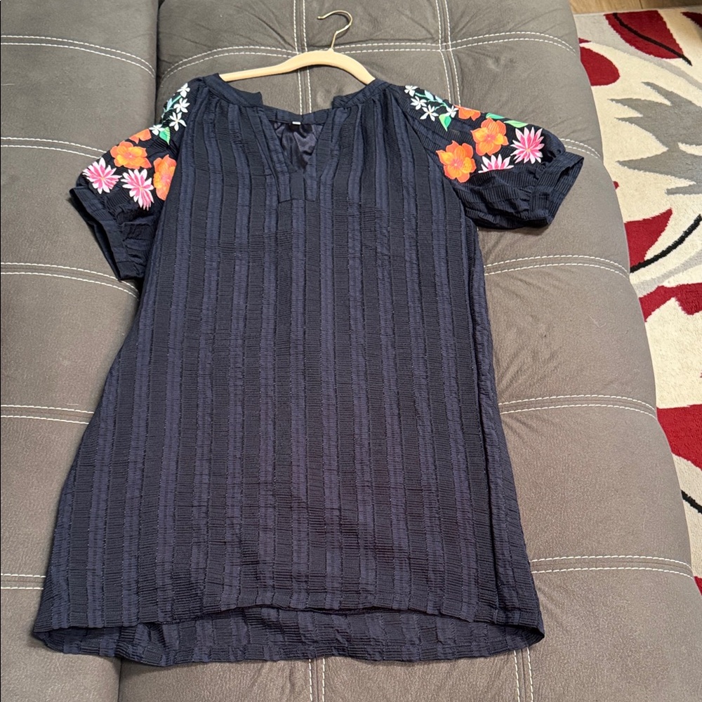 Navy Dress with Colorful Floral Sleeves
